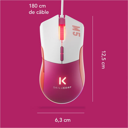 Souris gaming Skillkorp M5 ECO Magenta - dimensions 12,5 x 6,3 cm, câble 180 cm