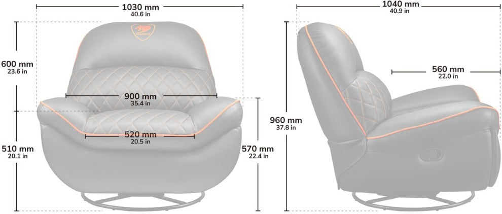 Sofa gaming Cougar Overlord - inclinable 160°, repose-pieds, rotation 360° (Noir/Orange) - vue 6
